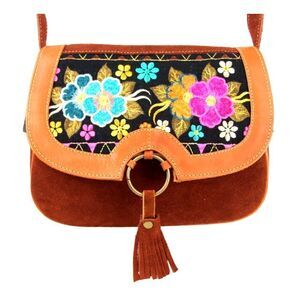 HANDCRAFTED BROWN GENUINE LEATHER SUEDE EMBROIDERY FLAP XBODY PURSE SHOULDER BAG